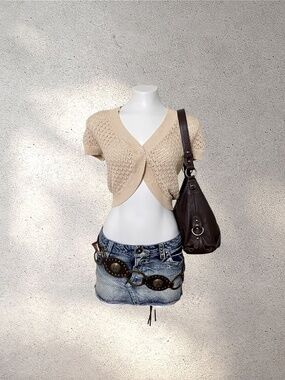 Axcess by Liz Claiborne Short Sleeve Pointelle Knit Crop Cardigan